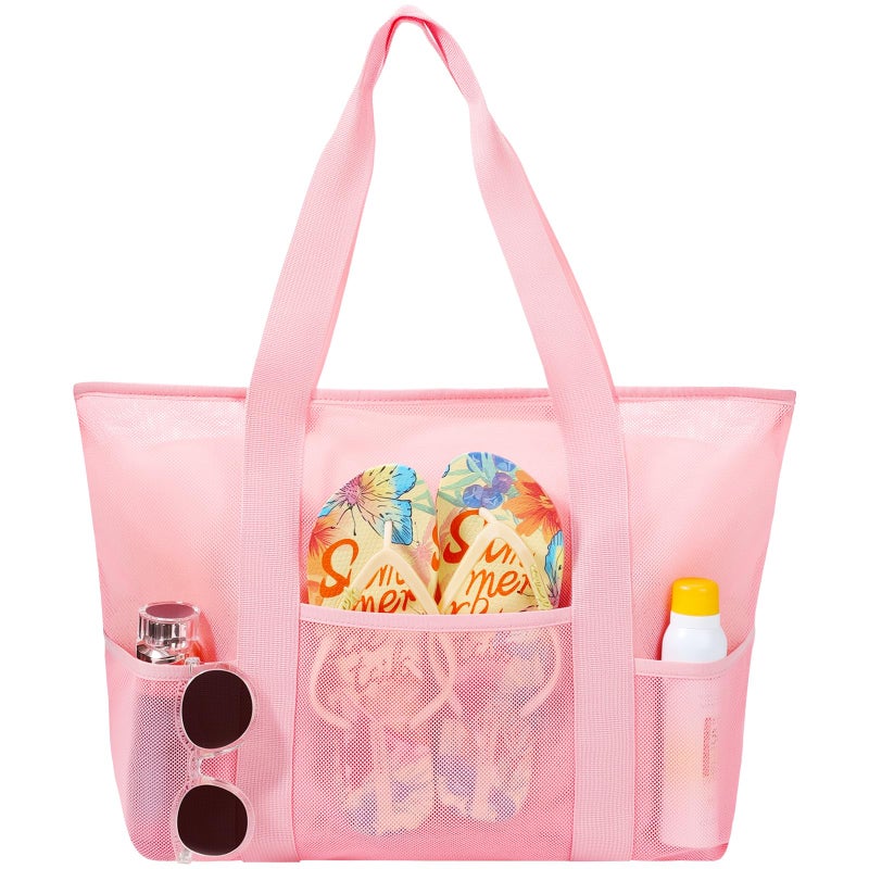 coclothy Mesh Beach Bag Large Beach Tote with Zipper Beach Bags for Women Waterproof Sandproof with 5 Pockets - Image 2