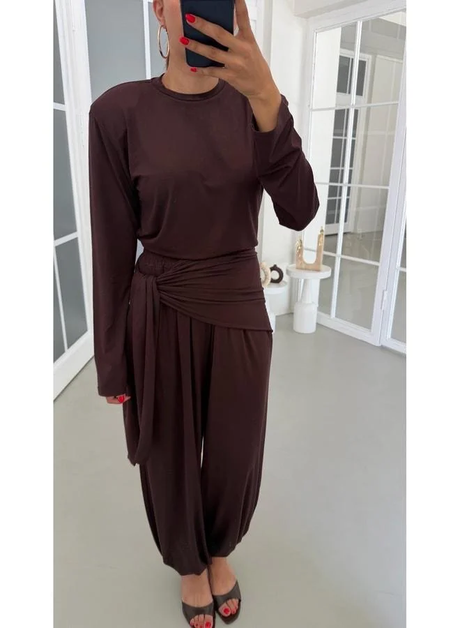 Gaus  Coffee V-neck blouse with elastic waist and tie detail, detailed palazzo pants, two-piece design set GAUS-01887. for Women | Best Price UAE