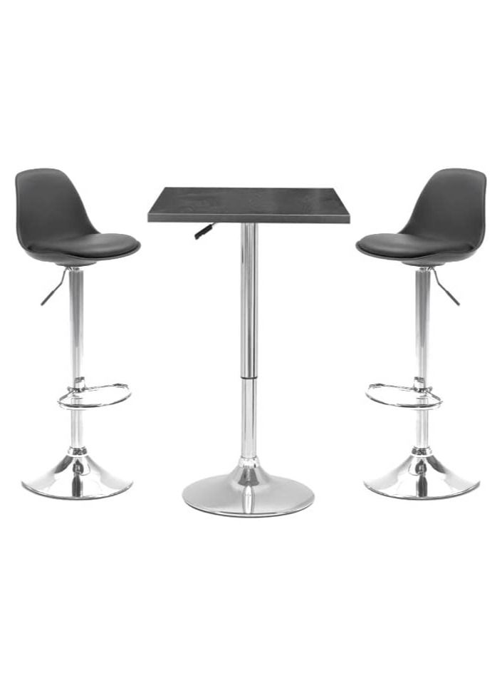 AL WADI FURNITURE مجموعة من 3 قطع من طاولات البار المستديرة القابلة للتعديل من خشب MDF و2 كرسي بار بلاستيكي للمطبخ والمنزل ومقاعد بار من الجلد الصناعي مع مسند للقدمين ودوران 360 درجة مثالي للمساحات الصغيرة، باللون الأسود  - Image 1