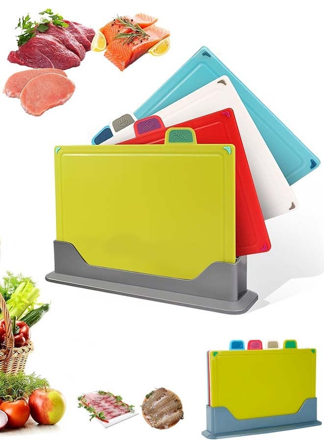YIM-VIBEHAUS Cutting Boards, 4pcs Chopping Board Set with Holder Stand and Easy Gripped Handle Color Marked Cutting Board Set for Meat Fruit Vegetable Fish - Image 1
