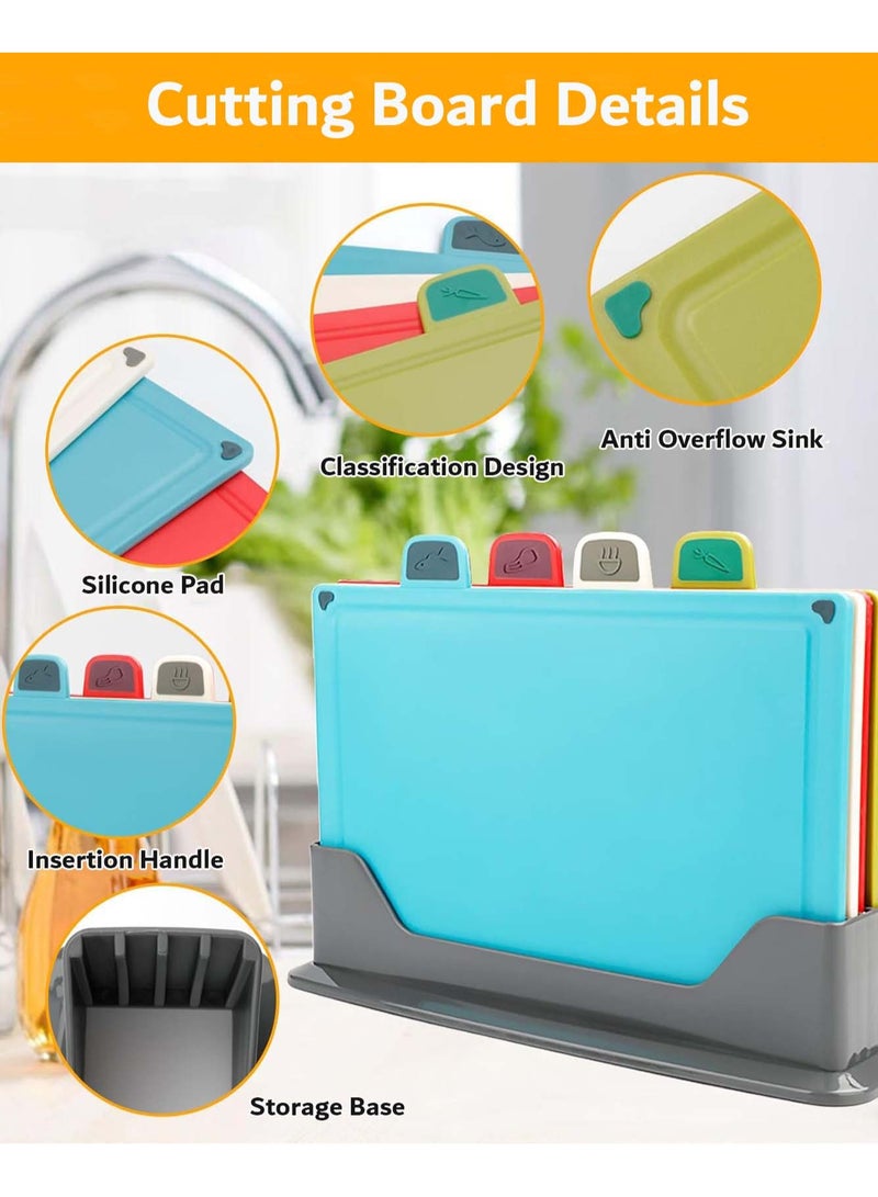YIM-VIBEHAUS Cutting Boards, 4pcs Chopping Board Set with Holder Stand and Easy Gripped Handle Color Marked Cutting Board Set for Meat Fruit Vegetable Fish - Image 5