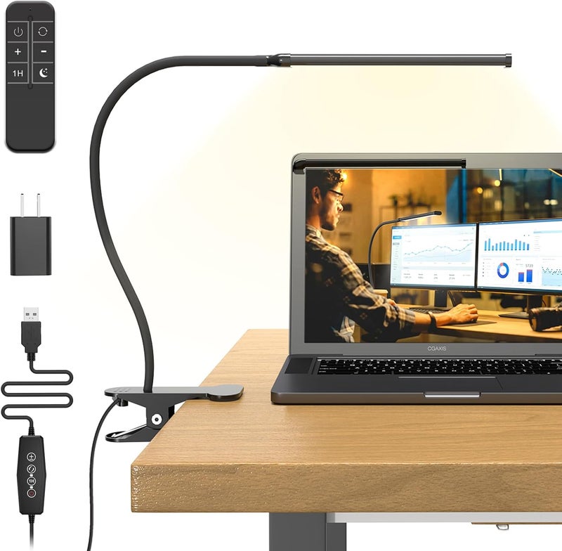 Mojimdo Desk Lamp with Remote, 3 Color & 5 Brightness & 77LED Dimmable Reading Lamp, 40CM Flexible Gooseneck with Clamp, Eye-Caring Clip on Light with Adapter for Reading Study Workbench Drafting - Image 1