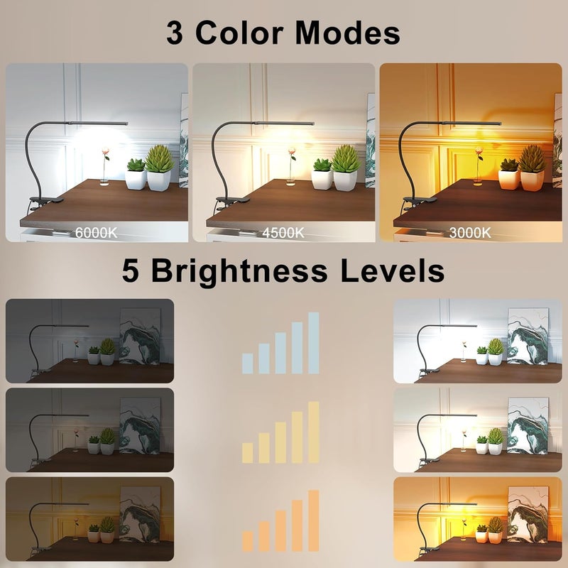 Mojimdo Desk Lamp with Remote, 3 Color & 5 Brightness & 77LED Dimmable Reading Lamp, 40CM Flexible Gooseneck with Clamp, Eye-Caring Clip on Light with Adapter for Reading Study Workbench Drafting - Image 2