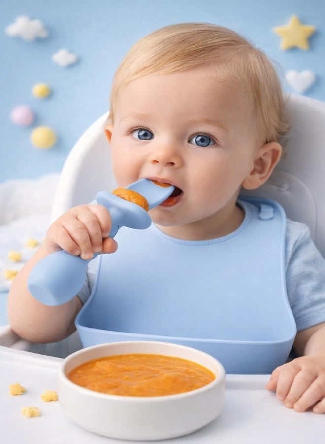 SKDBPM Baby Self Feeding Spoon and Fork Set, Silicone, Anti Choke Guard, Soft Training Utensils for Toddlers, Baby Led Weaning (Blue) - Image 3
