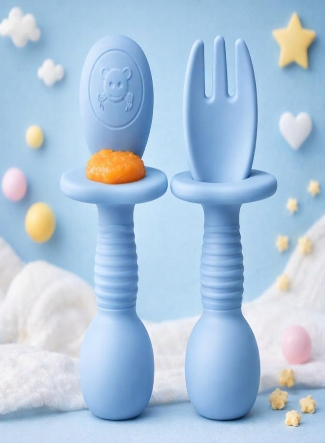 SKDBPM Baby Self Feeding Spoon and Fork Set, Silicone, Anti Choke Guard, Soft Training Utensils for Toddlers, Baby Led Weaning (Blue) - Image 4