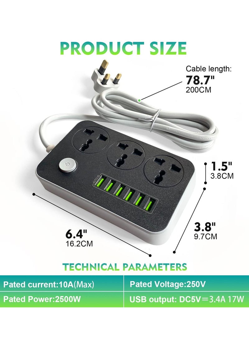 SKY-TOUCH - Power Strips Extension Cord 3 Outlets, Power Socket with 6 USB Ports Universal Charging Socket with 2M Bold Extension Cord - Image 1