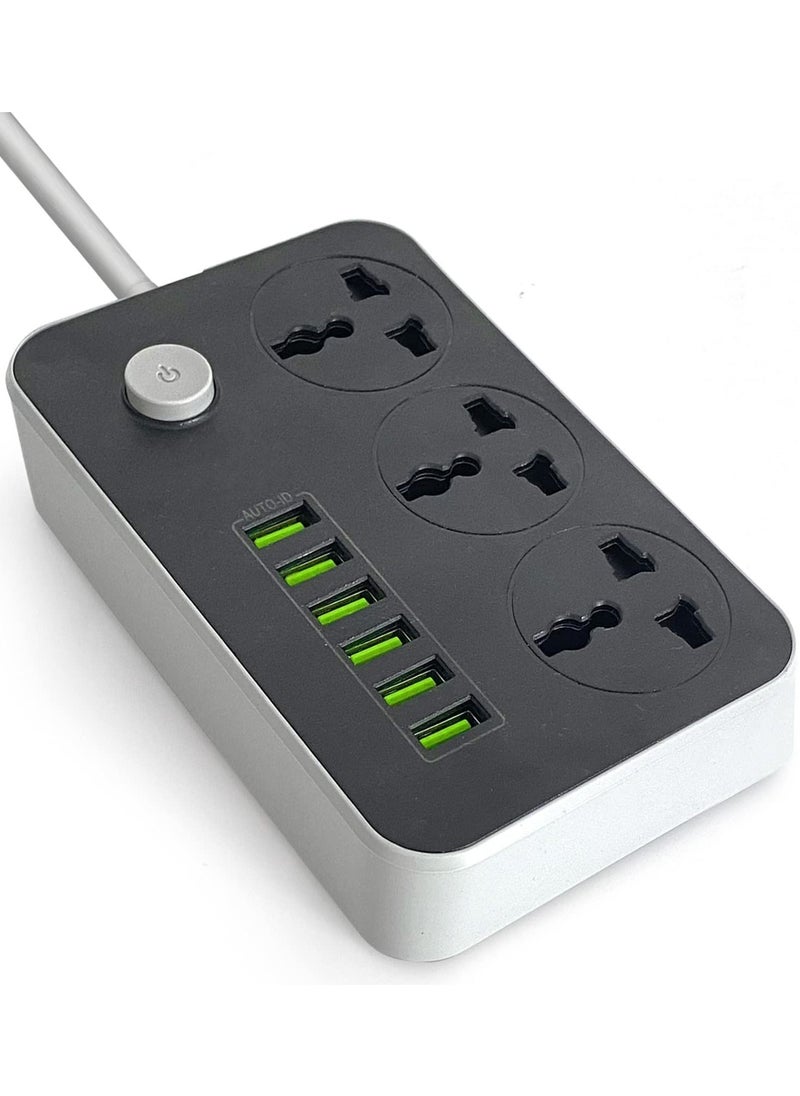 SKY-TOUCH - Power Strips Extension Cord 3 Outlets, Power Socket with 6 USB Ports Universal Charging Socket with 2M Bold Extension Cord - Image 1