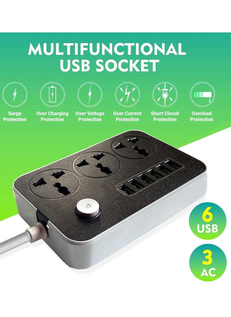 SKY-TOUCH - Power Strips Extension Cord 3 Outlets, Power Socket with 6 USB Ports Universal Charging Socket with 2M Bold Extension Cord - Image 1
