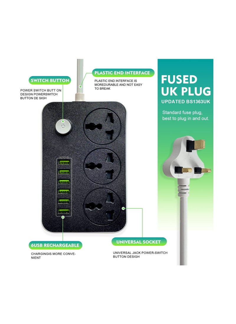 SKY-TOUCH - Power Strips Extension Cord 3 Outlets, Power Socket with 6 USB Ports Universal Charging Socket with 2M Bold Extension Cord - Image 1