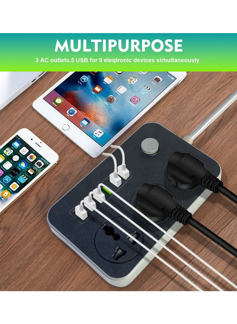SKY-TOUCH - Power Strips Extension Cord 3 Outlets, Power Socket with 6 USB Ports Universal Charging Socket with 2M Bold Extension Cord - Image 1