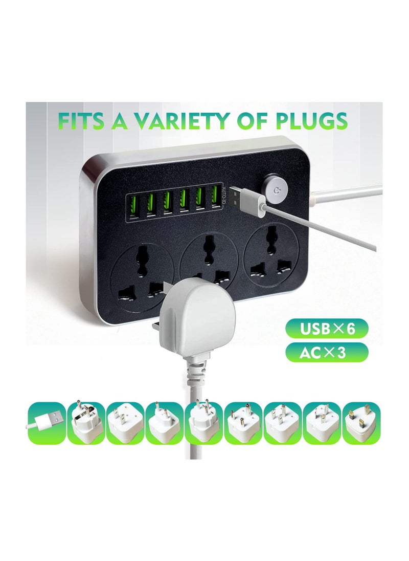SKY-TOUCH - Power Strips Extension Cord 3 Outlets, Power Socket with 6 USB Ports Universal Charging Socket with 2M Bold Extension Cord - Image 1