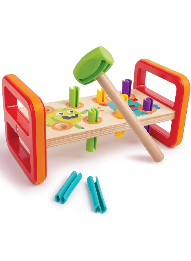 Hape Monster Match 'N' Smash Hammer Bench 10-Piece Toy Set, Color-Matching Pounding Bench With Wooden Hammer, Peg & Number Recognition, Fine Motor Skills Development, Pounding Toy, Ages 10 Months+