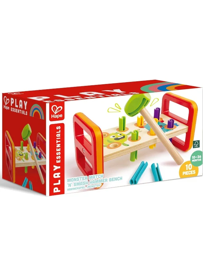 Hape Monster Match 'N' Smash Hammer Bench 10-Piece Toy Set, Color-Matching Pounding Bench With Wooden Hammer, Peg & Number Recognition, Fine Motor Skills Development, Pounding Toy, Ages 10 Months+