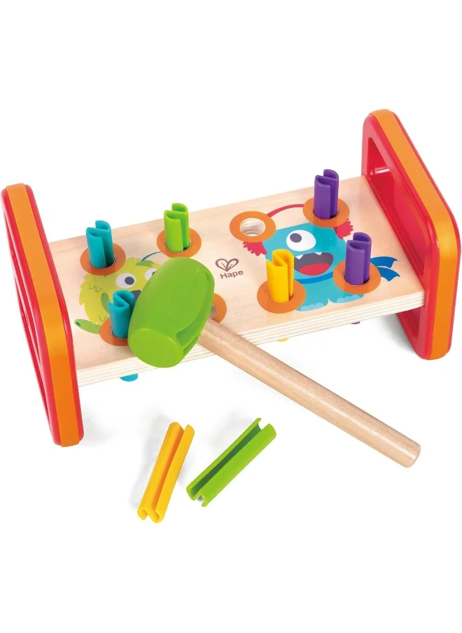 Hape Hape Monster Match 'n' Smash Hammer Bench 10pcs, Colour Matching Hammer Bench, Color & Number Recognition, Educational Wooden Toy, Multicolour, Toys for 1 year & Up
