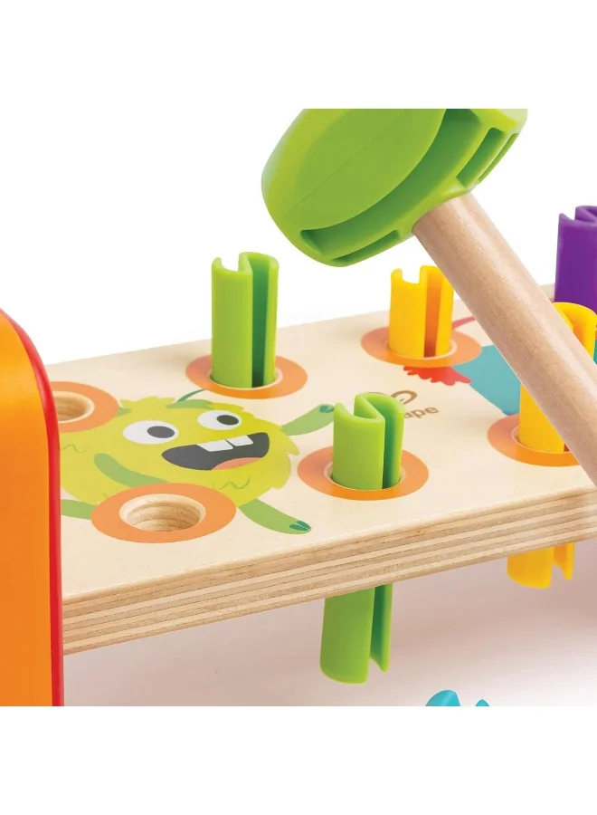 Hape Monster Match 'N' Smash Hammer Bench 10-Piece Toy Set, Color-Matching Pounding Bench With Wooden Hammer, Peg & Number Recognition, Fine Motor Skills Development, Pounding Toy, Ages 10 Months+