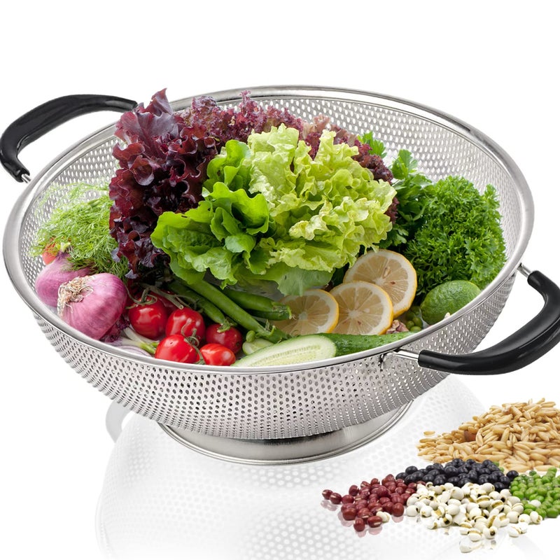 5 Qt Colander 188 Stainless Steel Colander Silicone Handle Easy Grip MicroPerforated Strainer Heavy Duty and Selfdraining Solid Ring Base BPA Free Dishwasher Safe  Black