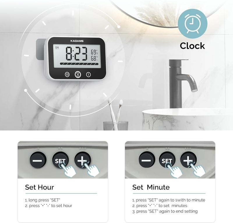 KADAMS Bathroom Shower Clock Waterproof Timer Countdown Kitchen Clock Timer with LCD Display Progress Bar, Suction Cup, Black - Image 5