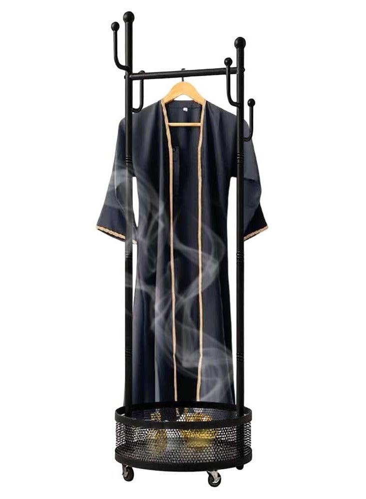 Premium Clothes Incense Burner Stand with Wheels (165cm) – Metal Garment Rack and Bakhoor Oud Fumigation Hanger with Storage Basket - Black - Image 1