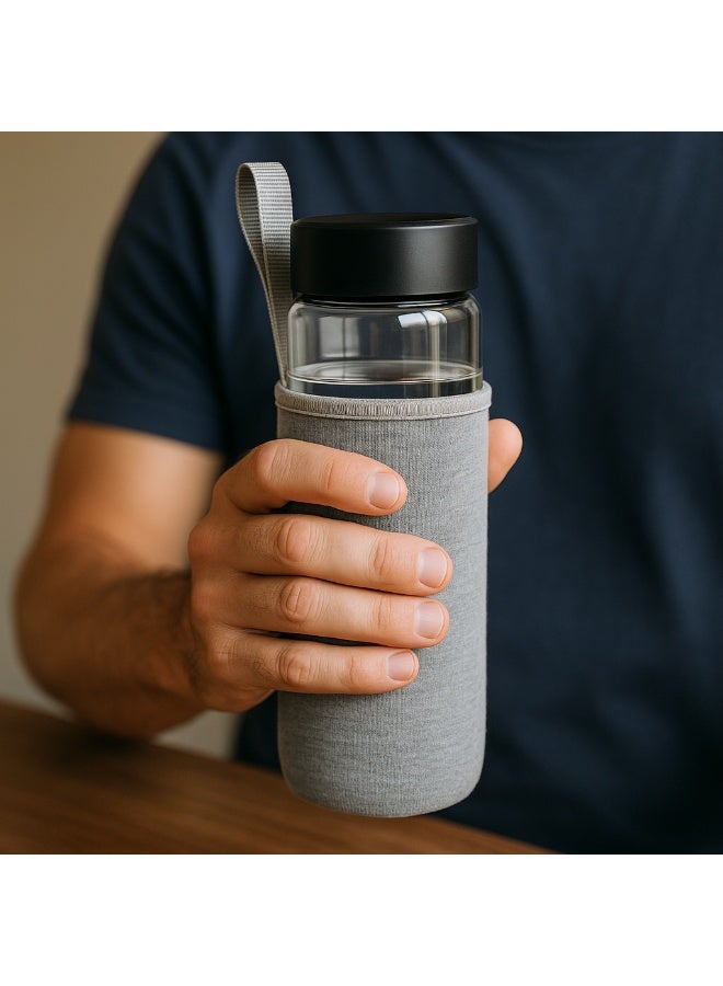 Earss 550ml Classic Glass Water Bottle – BPA-Free Portable Drinking Bottle with Neoprene Sleeve – Eco-Friendly Reusable Bottle for Hot & Cold Drinks – Ideal for Travel, Gym, Office, or Outdoor Use - Image 5