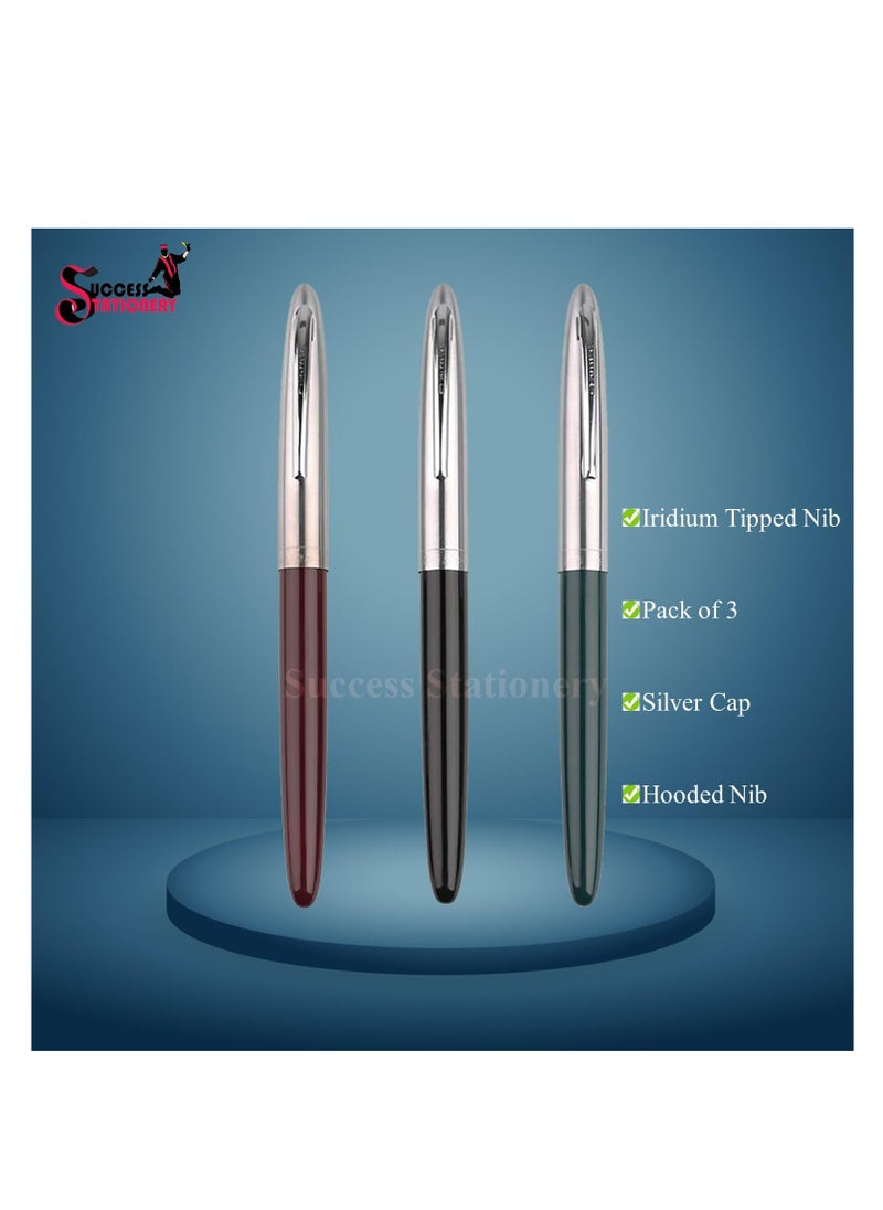 Success Stationery Success Stationery Hero Pen Fountain Pen for Students Smooth Iridium Tip Nib Refillable Ink Pen Gold Arrow Pattern Model 329 Silver Trim Cap Black Green Maroon - Pack of 3  - Image 3