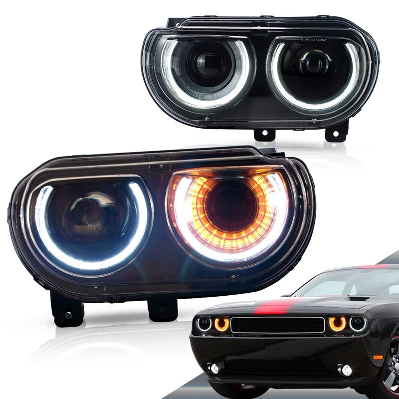 VLAND Projector Headlights Compatible with Dodge Challenger 20082014 wSequential Indicator Halo D2S D2H Bulb Not Included for HILO Beam Passenger Driver Sides