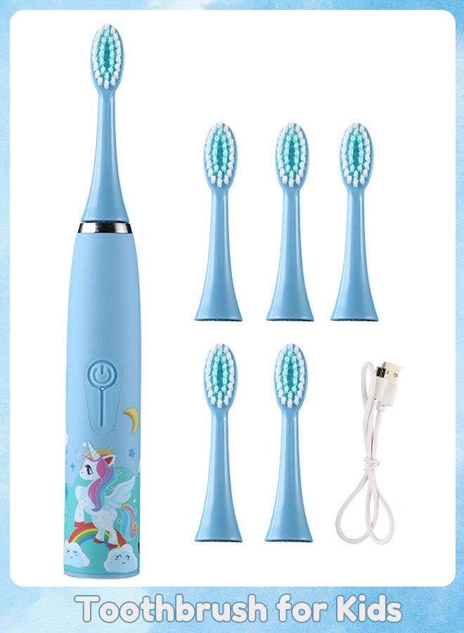 Sharpdo Kids Electric Toothbrush Rechargeable with Timer And 6 Brush Heads, Unicorn, Blue - Image 1