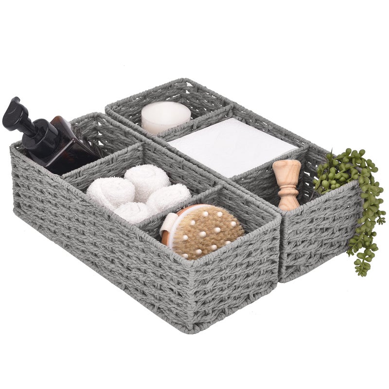 StorageWorks 3Section Wicker Baskets for Shelves HandWoven Round Paper Rope Storage Baskets Gray 2Pack
