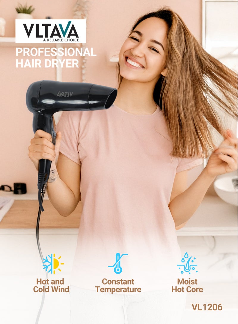 VLTAVA Professional Hair Dryer 1250W with Hot & Cold Wind, Styling Nozzle & Finger Diffuser VL1206 - Image 2