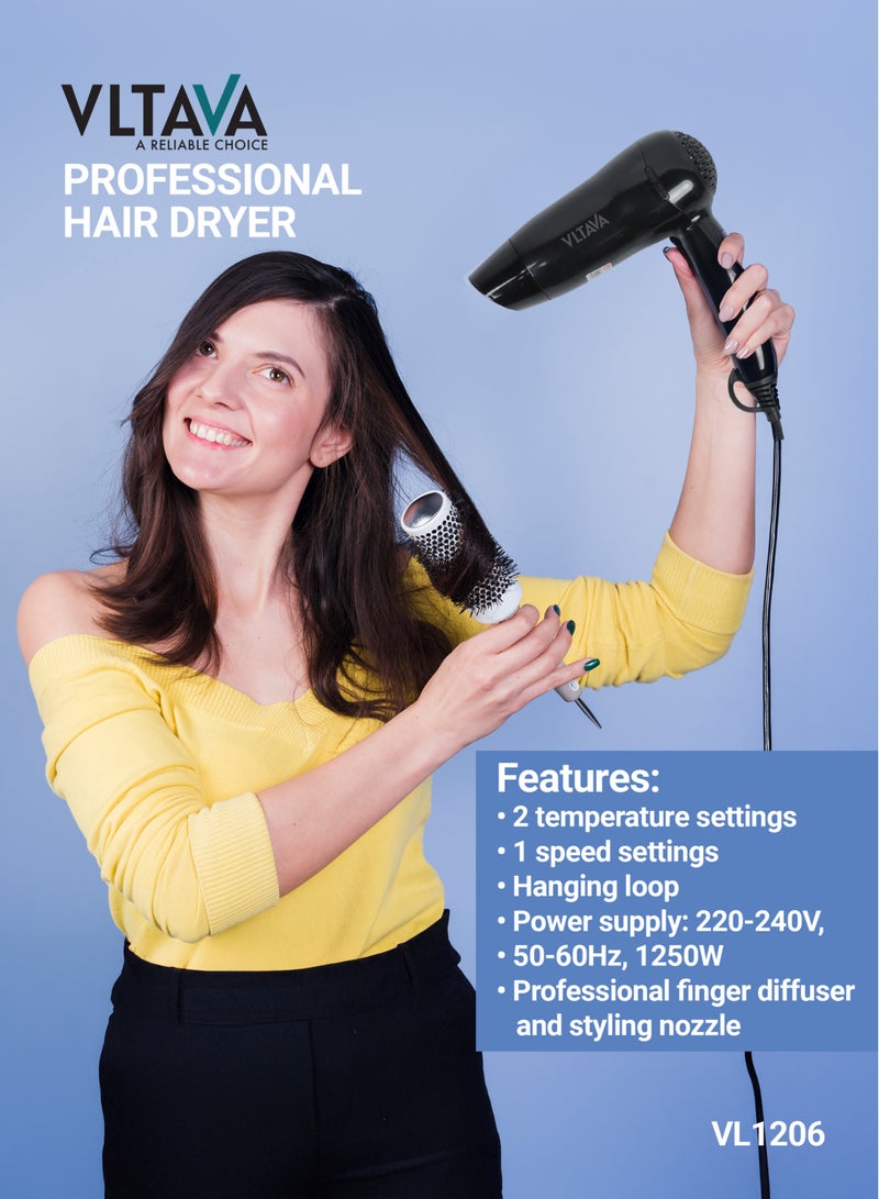 VLTAVA Professional Hair Dryer 1250W with Hot & Cold Wind, Styling Nozzle & Finger Diffuser VL1206 - Image 3