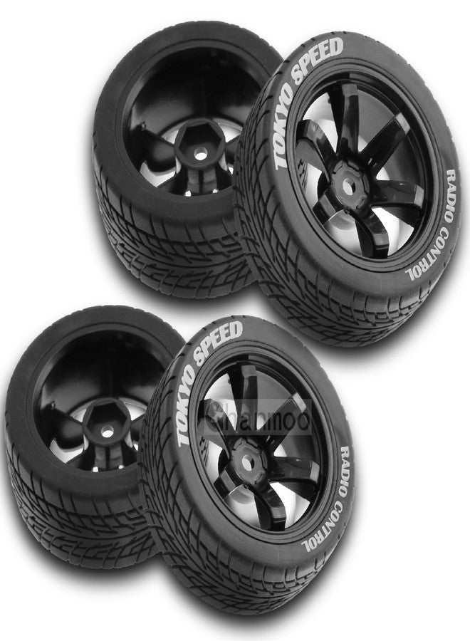 Chanmoo 1/10 RC On Road Tires and Plastic Drift Wheels 12mm Hex Rally Racing Tyres for 1:10 Scale Touring Street Car Tamiya TT01 TT02 XV01 TA06 A959 PTG2 144001 HPI KYOSHO HSP Traxxas 4PCS (Black) - Image 1
