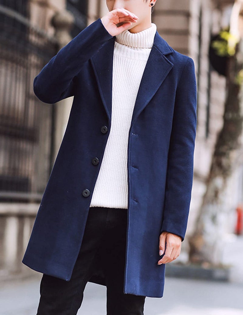 Springrain Men's Wool Blend Pea Coat Notched Collar Single Breasted Overcoat Warm Winter Trench Coat(Navy-XXL) - Image 4