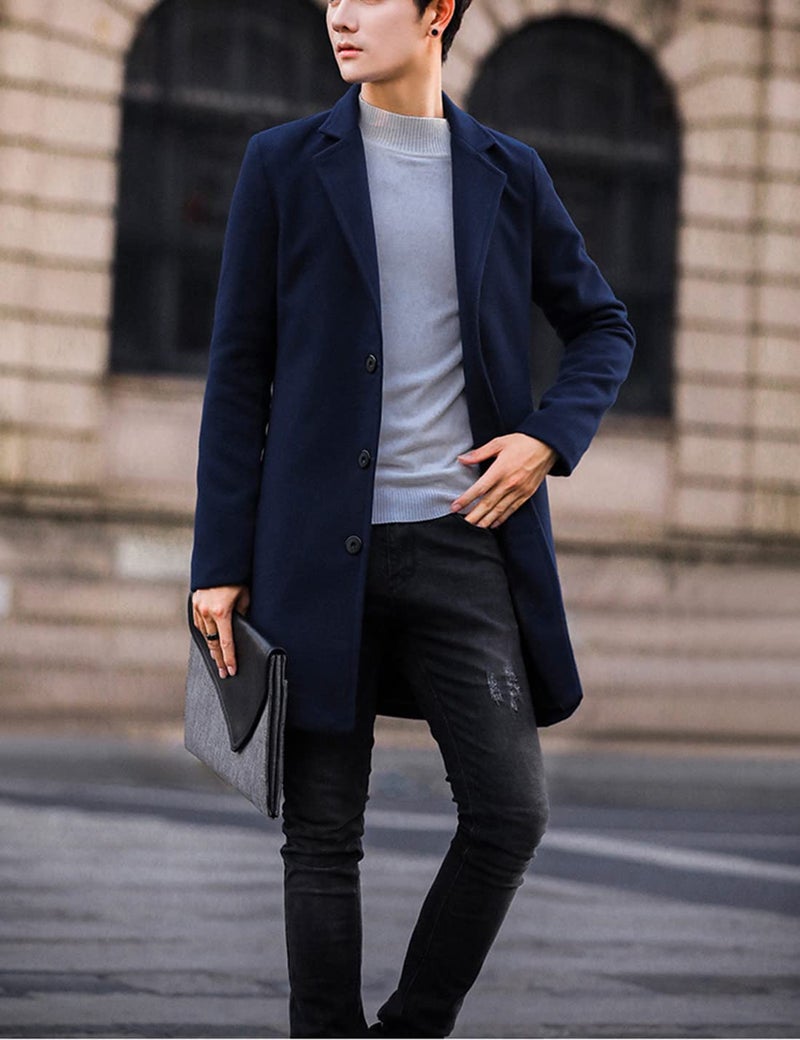 Springrain Men's Wool Blend Pea Coat Notched Collar Single Breasted Overcoat Warm Winter Trench Coat(Navy-XXL) - Image 5