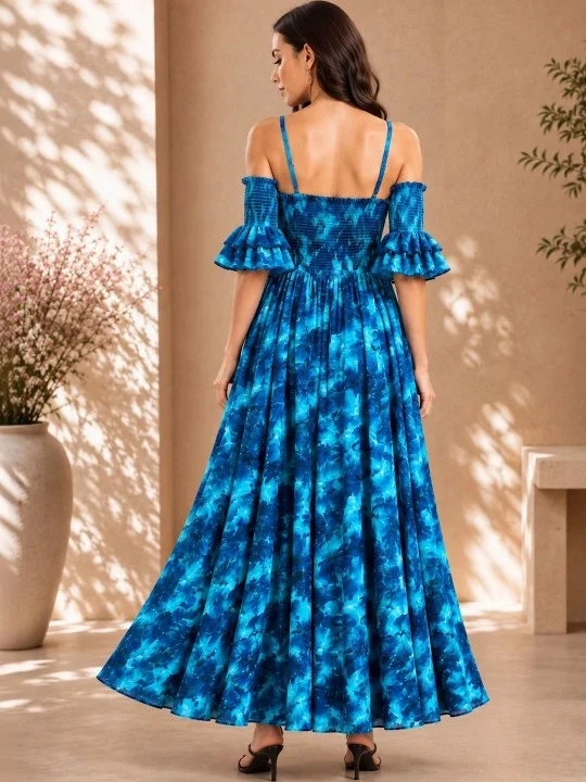 Panit Panit Floral Off-Shoulder Smocked Maxi Dress -Blue