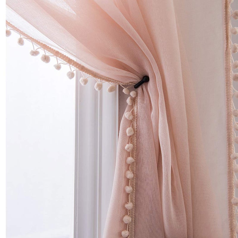 MISS SELECTEX Linen Look Pom Pom Tasseled Sheer Curtains Rod Pocket Voile SemiSheer Curtain for Girl Bedroom Set of 2 Curtain Panels 52 x 84 inch Blush