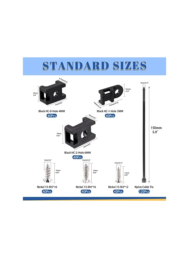 erorex 360Pcs Black Cable Tie Base and Cable Zip Ties with Mounting Screws Set, 120Pcs 3MM 4MM 6MM Saddle Type Mount Wire Holder and 120Pcs 6 Inch Self-Locking Cable Tie with 120Pcs Pan Head Screws  - Image 2