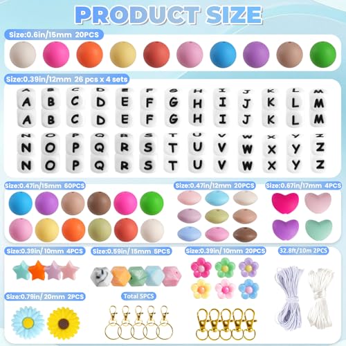 CUPLOOV 239Pcs Silicone Beads for Keychain Making, 12mm Silicone Letter Beads Bulk, 12mm 15mm Round Rubber Bead Bracelet Kit for Pens, Necklace, Jewelry Making DIY Crafts Gifts (Multicolor) - Image 2