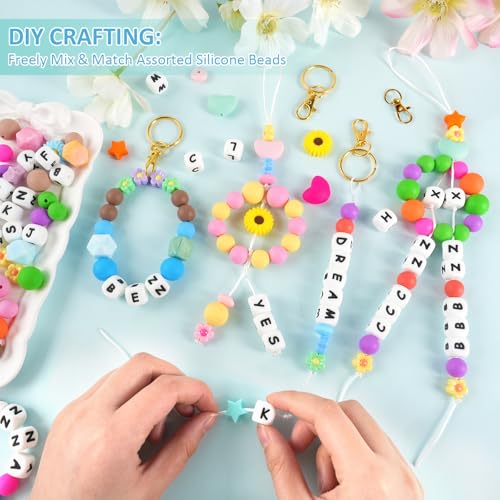 CUPLOOV 239Pcs Silicone Beads for Keychain Making, 12mm Silicone Letter Beads Bulk, 12mm 15mm Round Rubber Bead Bracelet Kit for Pens, Necklace, Jewelry Making DIY Crafts Gifts (Multicolor) - Image 3