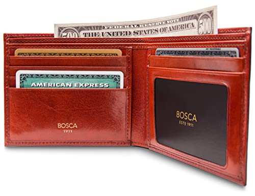 Bosca Men's Leather Wallet RFID Blocking - Bifold Executive Men's Wallet with 5 Card Slots, ID Window & Divided Currency Well - Genuine Old Leather, Ideal Gift Wallet for Men, Cognac Brown - Image 2