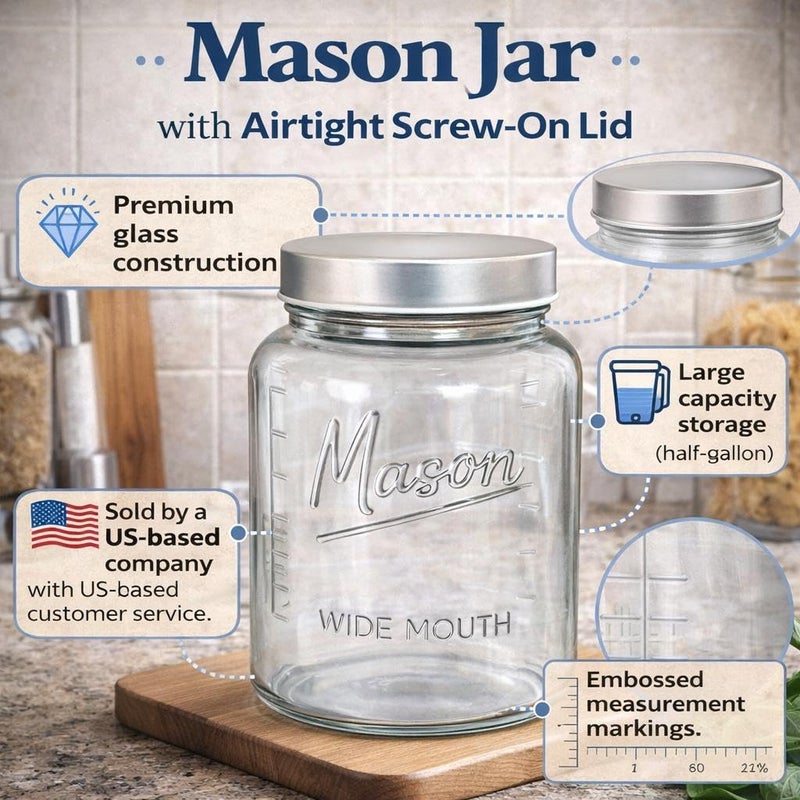 Kitchentoolz 64 oz Mason Jars Wide Mouth 2-Pack â€“ Half Gallon Glass Jar with Lid â€“ Large Mason Jars with Lids for Food Storage, Canning, and Fermenting - Image 2