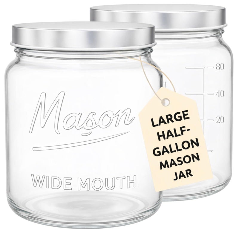 Kitchentoolz 64 oz Mason Jars Wide Mouth 2-Pack â€“ Half Gallon Glass Jar with Lid â€“ Large Mason Jars with Lids for Food Storage, Canning, and Fermenting - Image 1