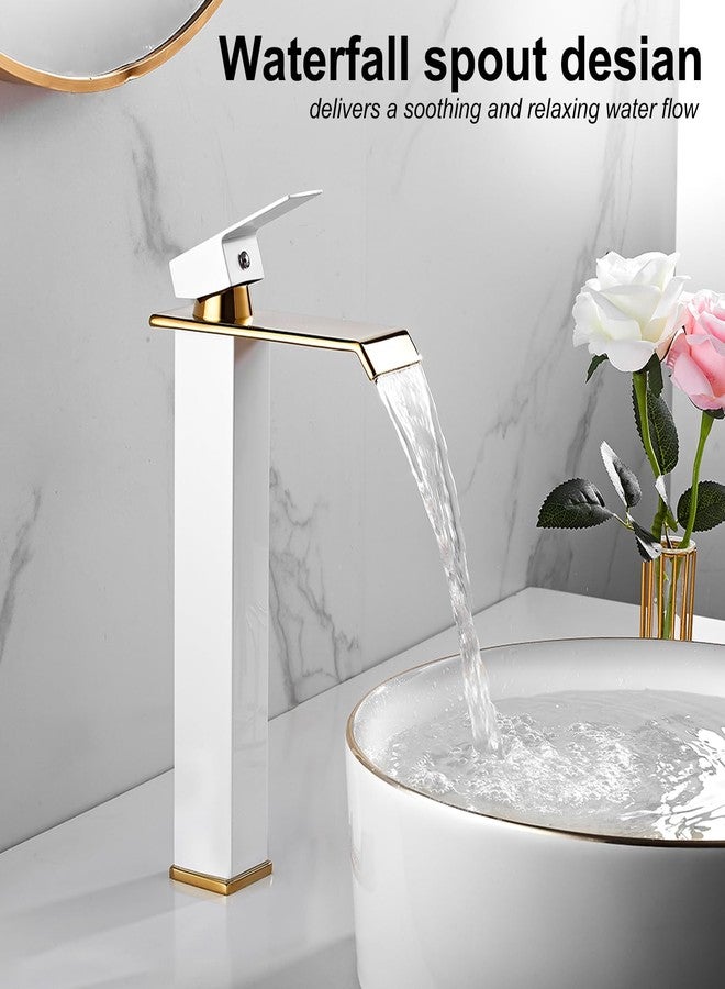 Chiczam White Gold Faucet Bathroom Vase Sink Golden Waterfall Spout Faucet Single Handle Sink Faucet Modern Single Hole Basin Faucet Bathroom Sink Faucet High With Pop-Up Drain Stopper Supply Hose - Image 4
