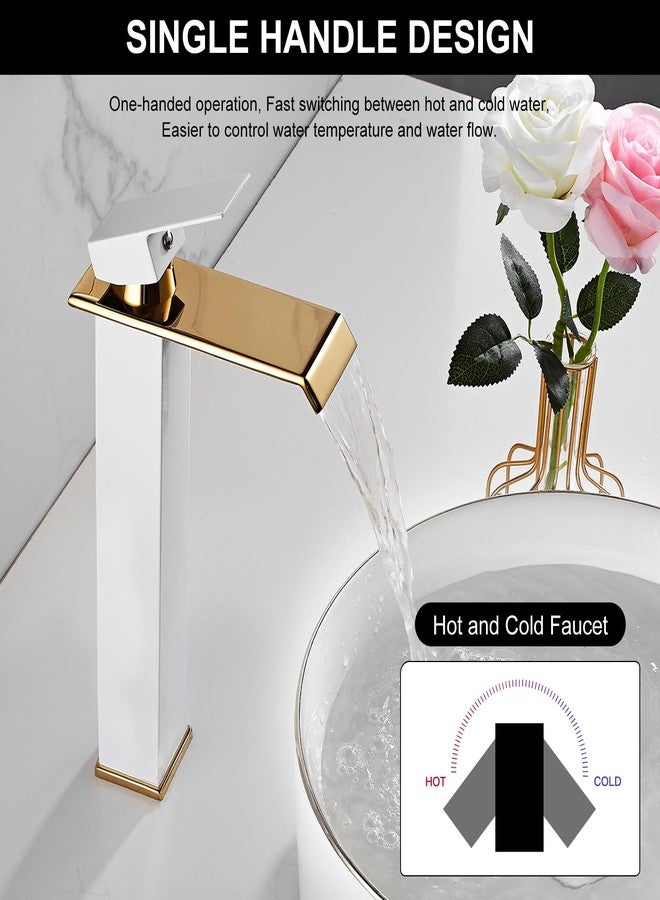 Chiczam White Gold Faucet Bathroom Vase Sink Golden Waterfall Spout Faucet Single Handle Sink Faucet Modern Single Hole Basin Faucet Bathroom Sink Faucet High With Pop-Up Drain Stopper Supply Hose - Image 3