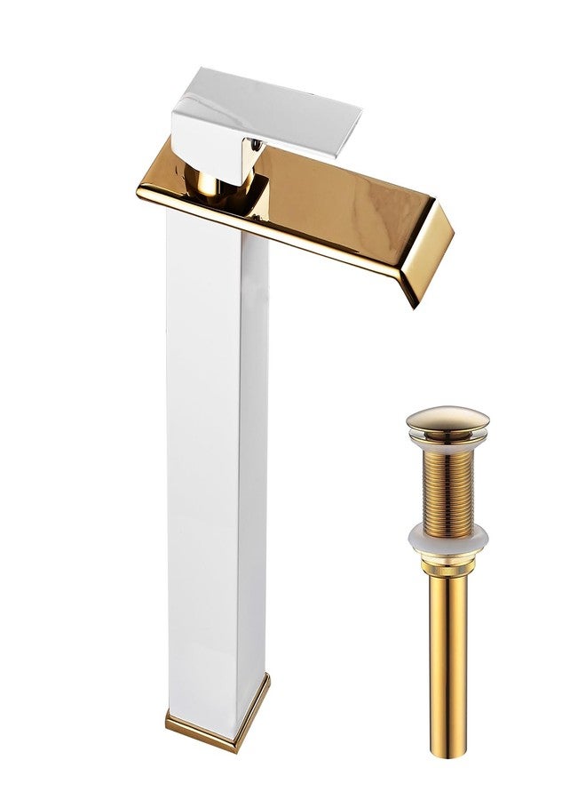 Chiczam White Gold Faucet Bathroom Vase Sink Golden Waterfall Spout Faucet Single Handle Sink Faucet Modern Single Hole Basin Faucet Bathroom Sink Faucet High With Pop-Up Drain Stopper Supply Hose - Image 1