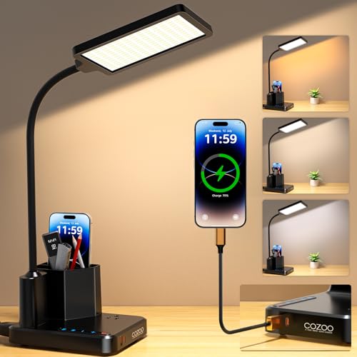 cozoo Desk Lamp, COZOO LED Desk Lamps for Home Office with USB Charging Port/Outlet/Organizer,Desk Lamp for College Dorm Eye-Caring Study Light,Gooseneck Table Lamp with Pen Holders/Storage,9 Lighting Modes - Image 1