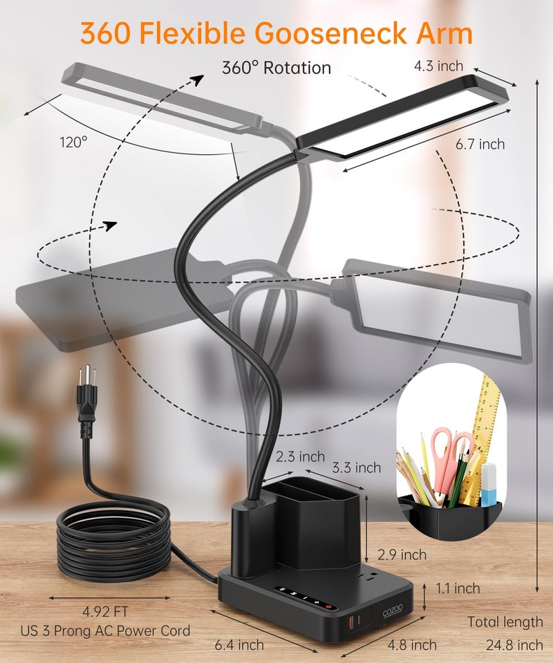 cozoo Desk Lamp, COZOO LED Desk Lamps for Home Office with USB Charging Port/Outlet/Organizer,Desk Lamp for College Dorm Eye-Caring Study Light,Gooseneck Table Lamp with Pen Holders/Storage,9 Lighting Modes - Image 5