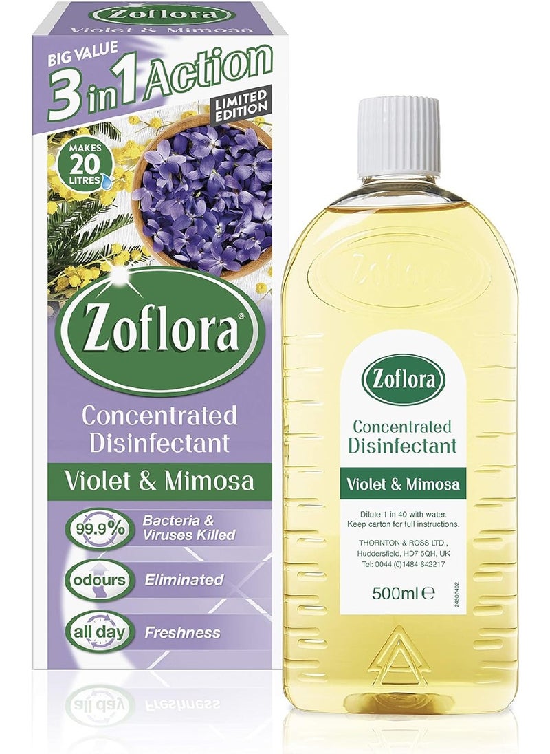 Zoflora Zoflora Concentrated Multipurpose Disinfectant & Odor Eliminator, 3 in 1 Action, 500ml, Violet & Mimosa, Effective against bacteria & Viruses.  - Image 1