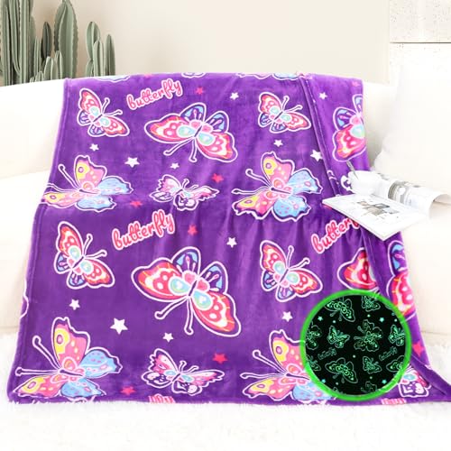 JAPDNK Butterfly Birthday Gifts for Women Butterfly Blanket Gifts Purple Gifts Glow in The Dark Blanket Gifts for Women Friend Sister Wife Girl