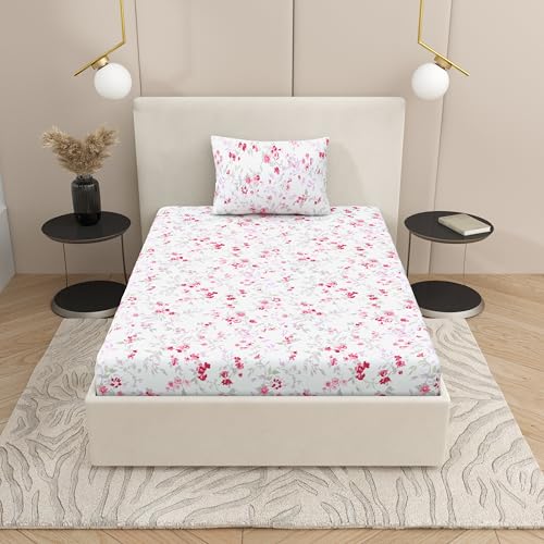 Plumora Single Bed Cotton Bedsheet with 1 Pillow Cover, 100% Pure Cotton Single Bedsheet 60×90 Inches, 240 TC Soft Breathable Floral Bed Sheet – (Ruby Bloom,Single) - Image 2