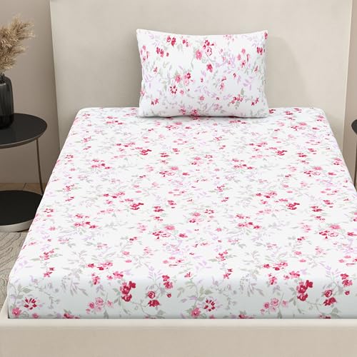 Plumora Single Bed Cotton Bedsheet with 1 Pillow Cover, 100% Pure Cotton Single Bedsheet 60×90 Inches, 240 TC Soft Breathable Floral Bed Sheet – (Ruby Bloom,Single) - Image 1