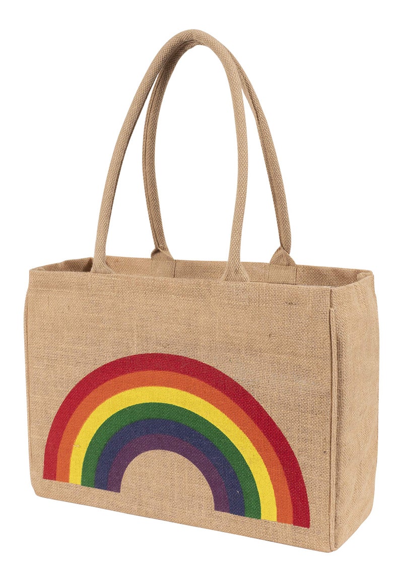 KAF Home Jute Market Tote Bag Rainbow Print Durable Handle Reinforced Bottom and Interior Zipper Pocket